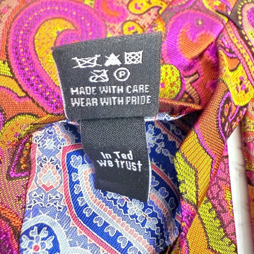 Ted Baker London 100% Silk Paisley Necktie Pink Gold Mustard Made In USA Retro - Picture 7 of 11